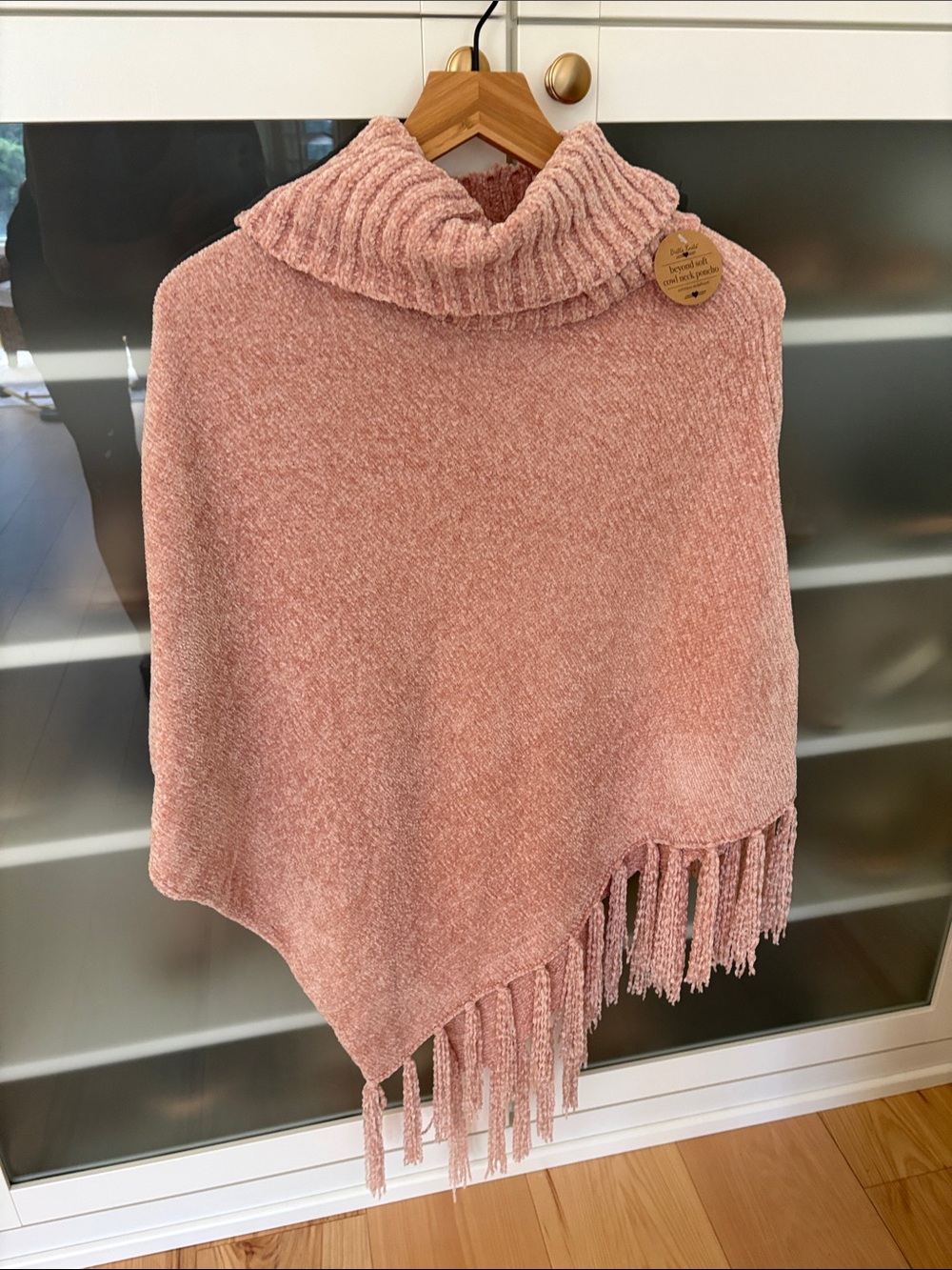 NWT Fringed Turtleneck Knit Poncho in Soft Blush